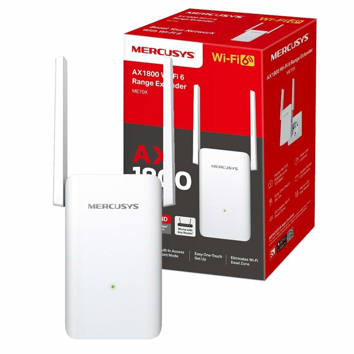 Antenli beyaz bir Wi-Fi menzil genişletici ve kırmızı bir kutu.