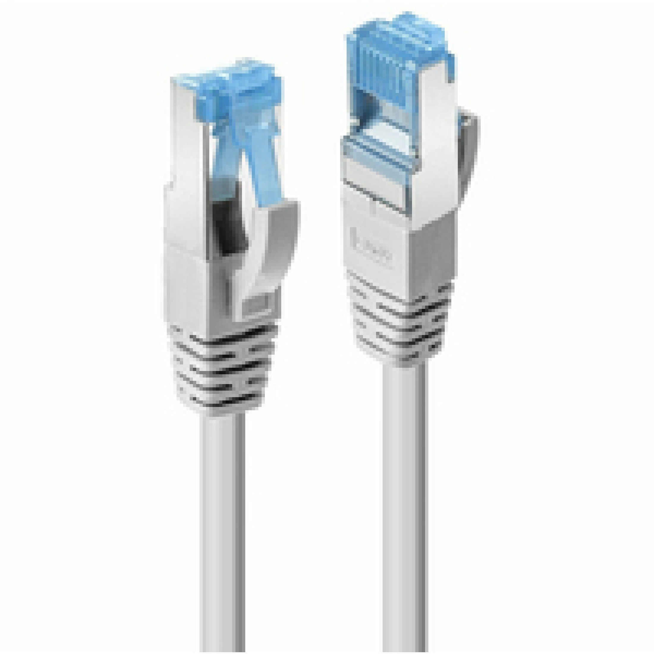 Due cavi di rete bianchi con connettori blu. Cavi su sfondo bianco.