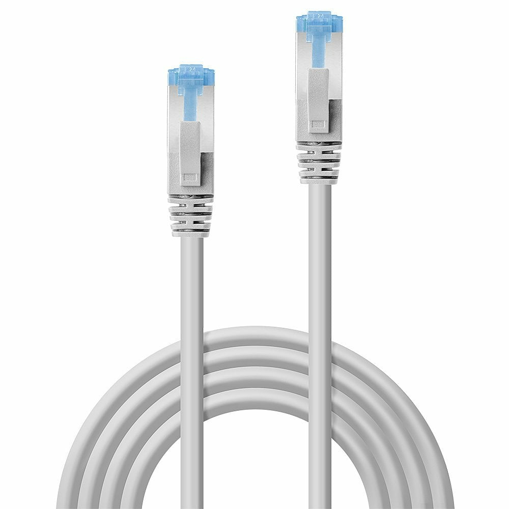 Due cavi di rete bianchi con connettori blu. Sfondo bianco.