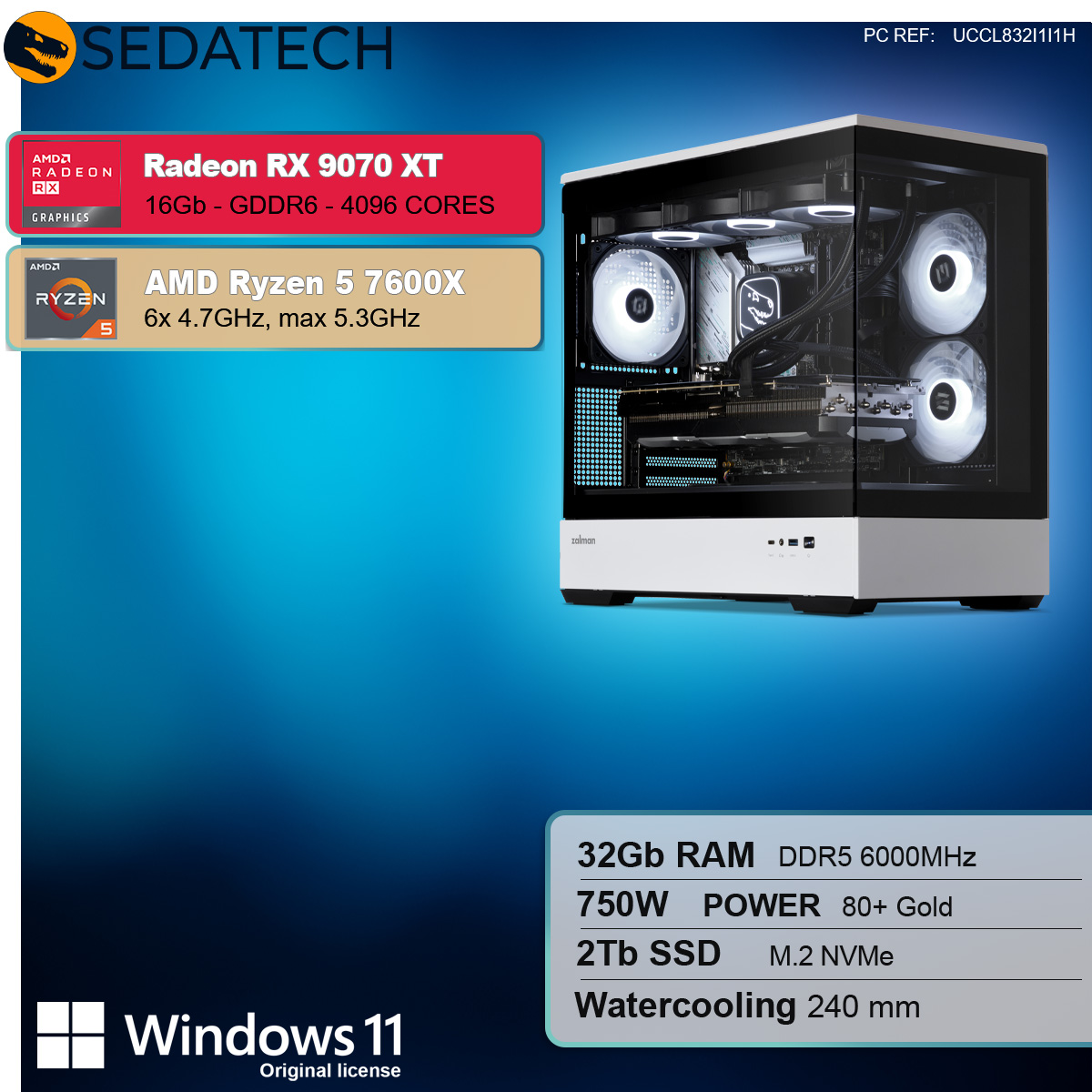 Computer desktop con specifiche sul lato sinistro. Il case è trasparente e mostra i componenti.