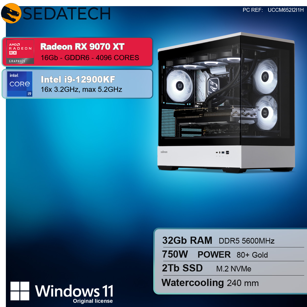 PC-Gehäuse mit sichtbaren Komponenten. Enthält Textlabels für Spezifikationen: Radeon, Intel Core i9, 32GB RAM usw.