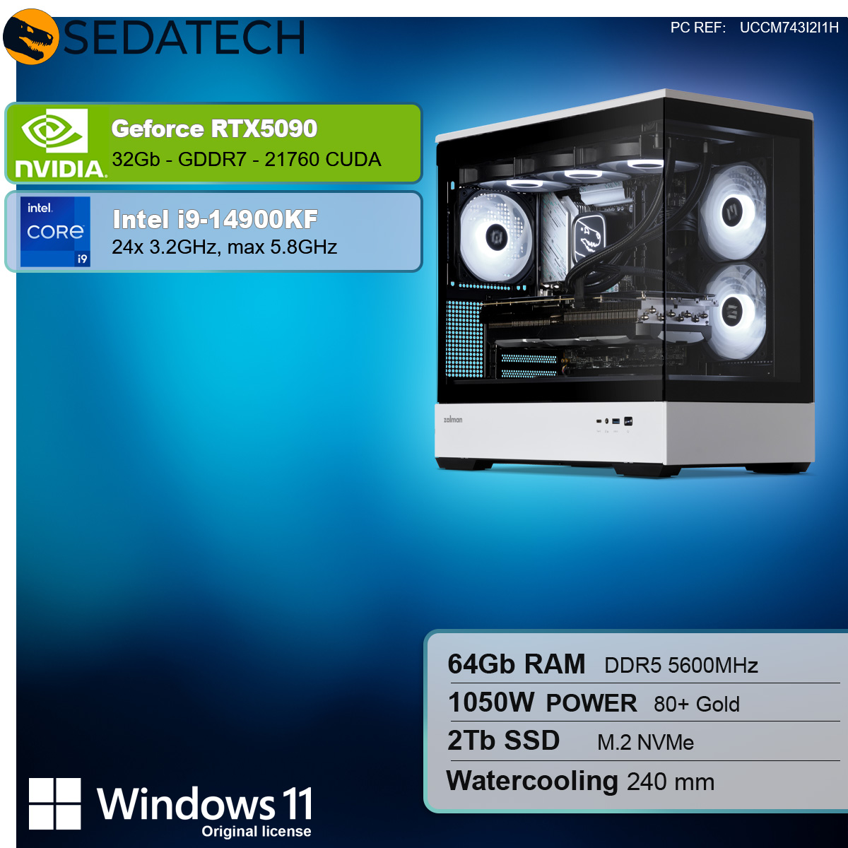 Wieża komputera z świecącymi wentylatorami, ze specyfikacjami dla Nvidia GeForce RTX5090 i Intel i9-14900KF.
