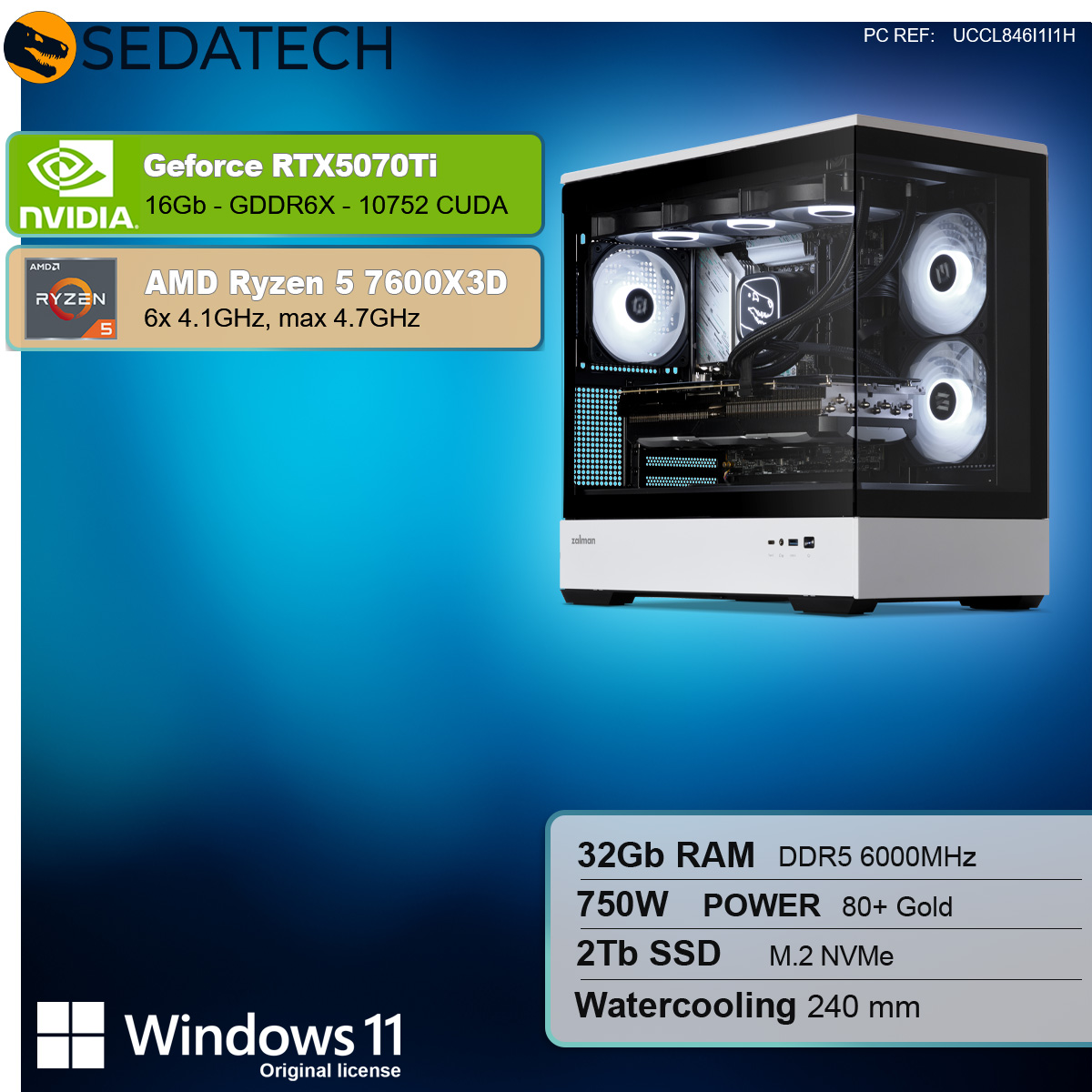Un PC da gioco con ventole bianche e un pannello laterale in vetro. Le specifiche sono elencate a sinistra.
