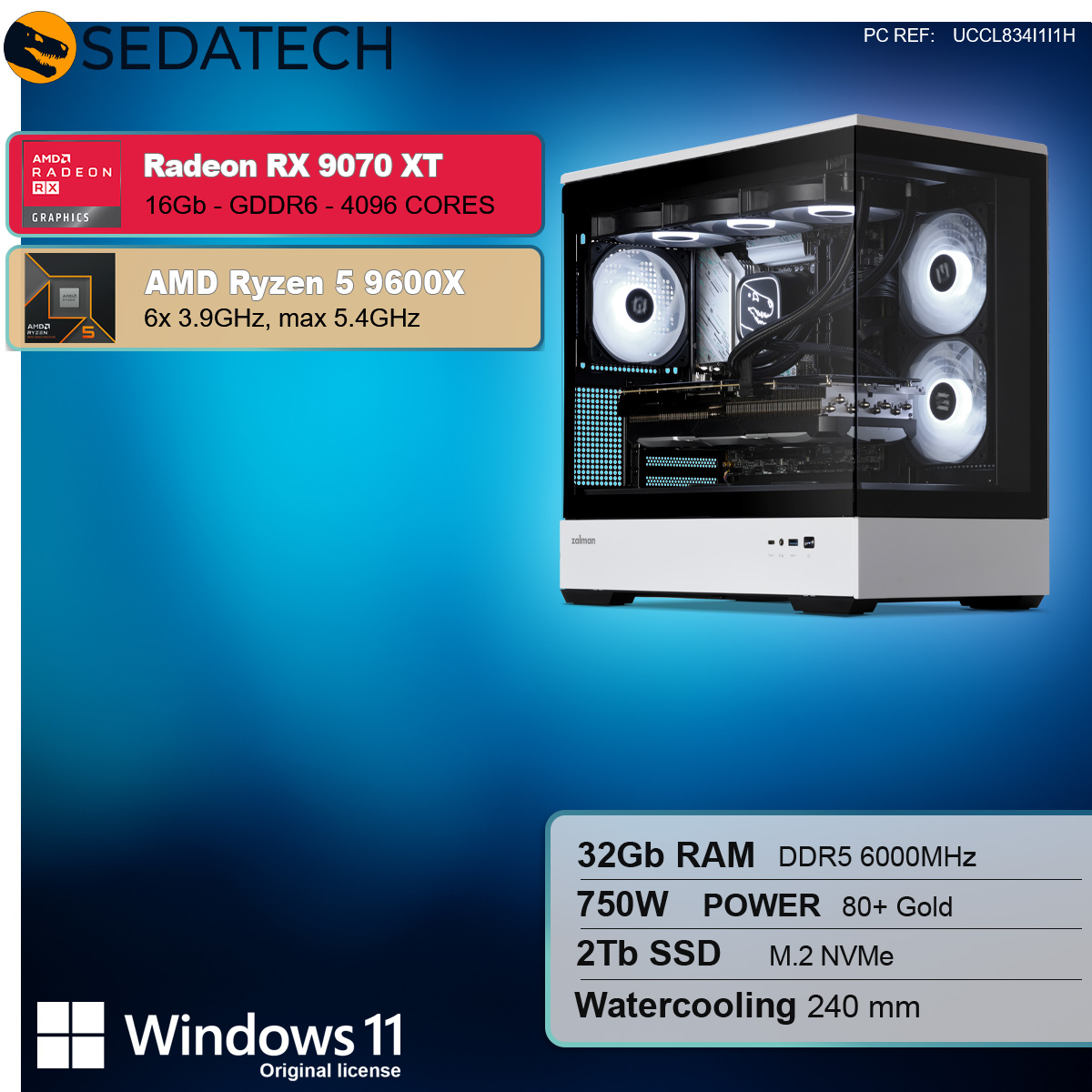 Computer con specifiche, Radeon RX 9070 XT, Ryzen 5 9600X, sfondo bianco.