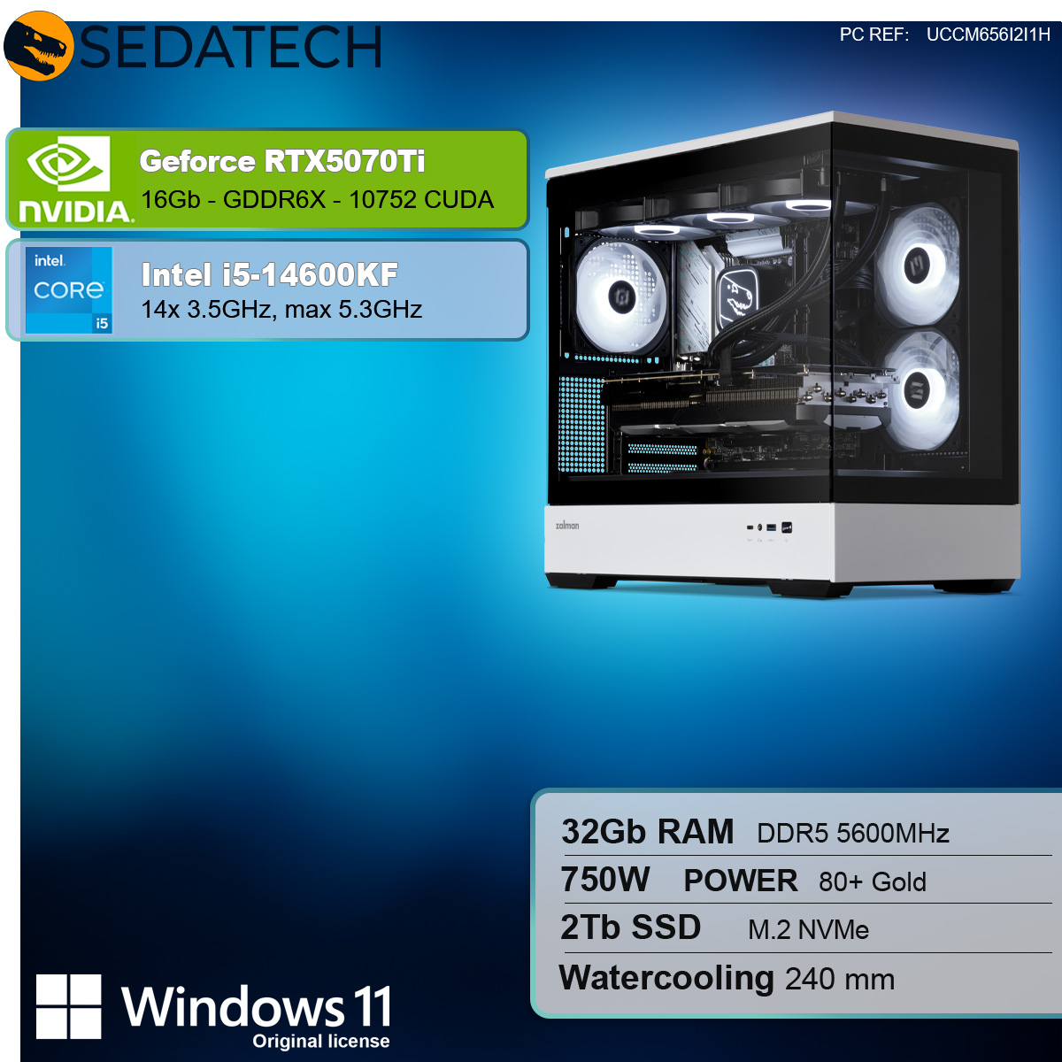 Un case per computer bianco con componenti. Il testo mostra le specifiche: Nvidia RTX5070Ti, Intel i5-14600KF.
