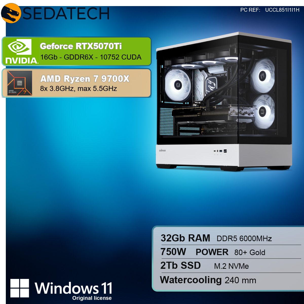 Desktop-Computer mit sichtbaren internen Komponenten. Textlabels umfassen NVIDIA, AMD und Windows 11.