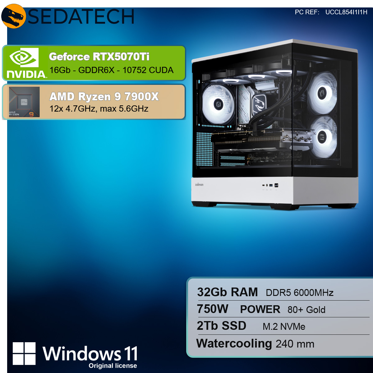 Un case per computer bianco con componenti. Il testo mostra le specifiche: Nvidia RTX5070Ti, AMD Ryzen 9 7900X.