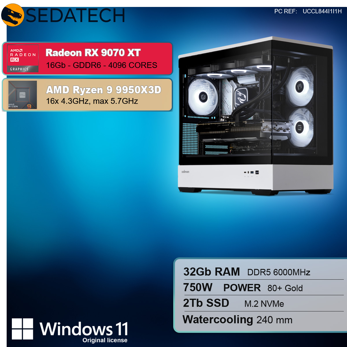 Un case per computer con componenti, tra cui una Radeon RX 9070 XT, Ryzen 9 9950X3D e Windows 11.