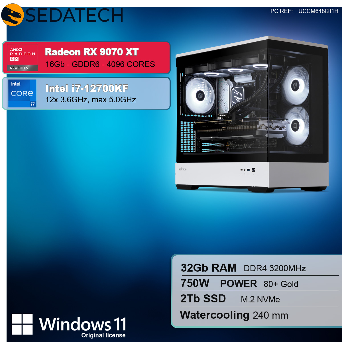 Case del computer con componenti: Radeon RX 9070 XT, Intel i7-12700KF, 32GB RAM, 750W, 2TB SSD.