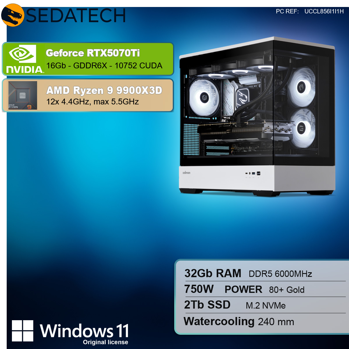 Obudowa komputera z wewnętrznymi komponentami, ze specyfikacją CPU, RAM, SSD i GPU po lewej stronie.