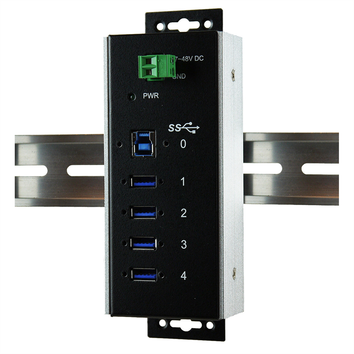 Hub USB nero con 5 porte, montato su una guida metallica. Sfondo bianco.
