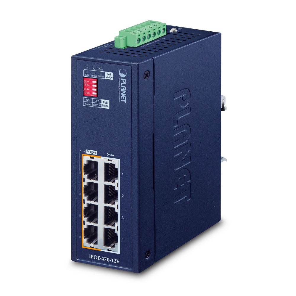 Switch di rete PLANET blu con 8 porte. Sfondo bianco. Etichettato con PoE++.