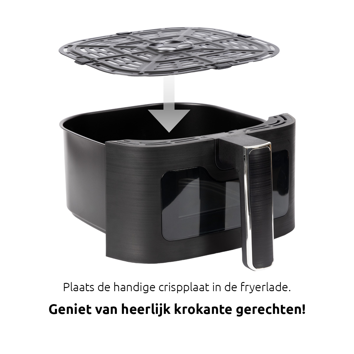 Zwarte airfryer met de bovenste mand verwijderd, toont de binnenkant.