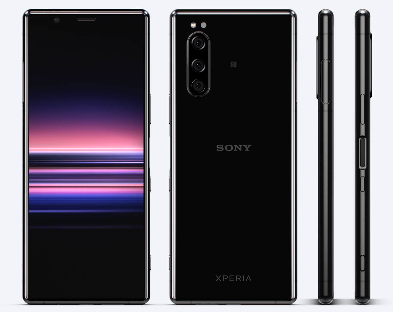 Zwarte Sony Xperia telefoon in drie weergaven: voor, achter en zijkant. Alles op een lichte achtergrond.