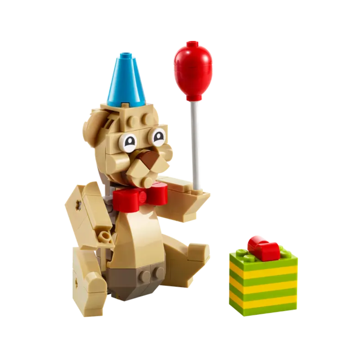 Un ours Lego avec un chapeau bleu et un ballon rouge, à côté d'un cadeau à rayures jaunes et vertes.