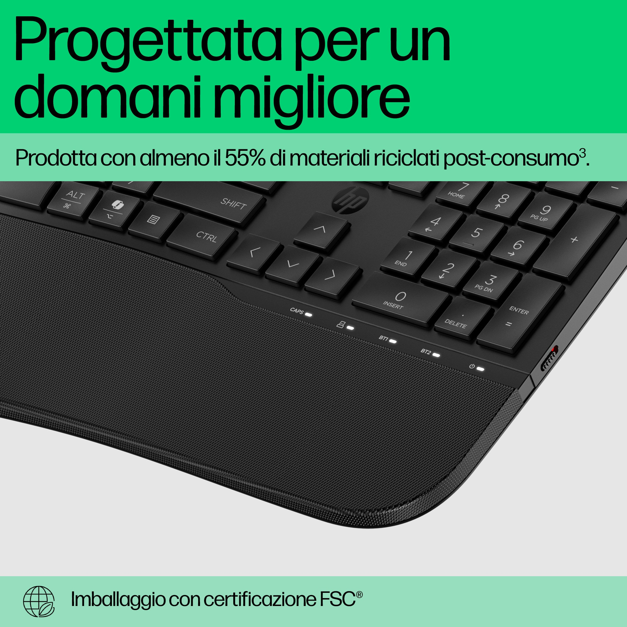 Primo piano di una tastiera nera con poggiapolsi, che mostra i tasti funzione.