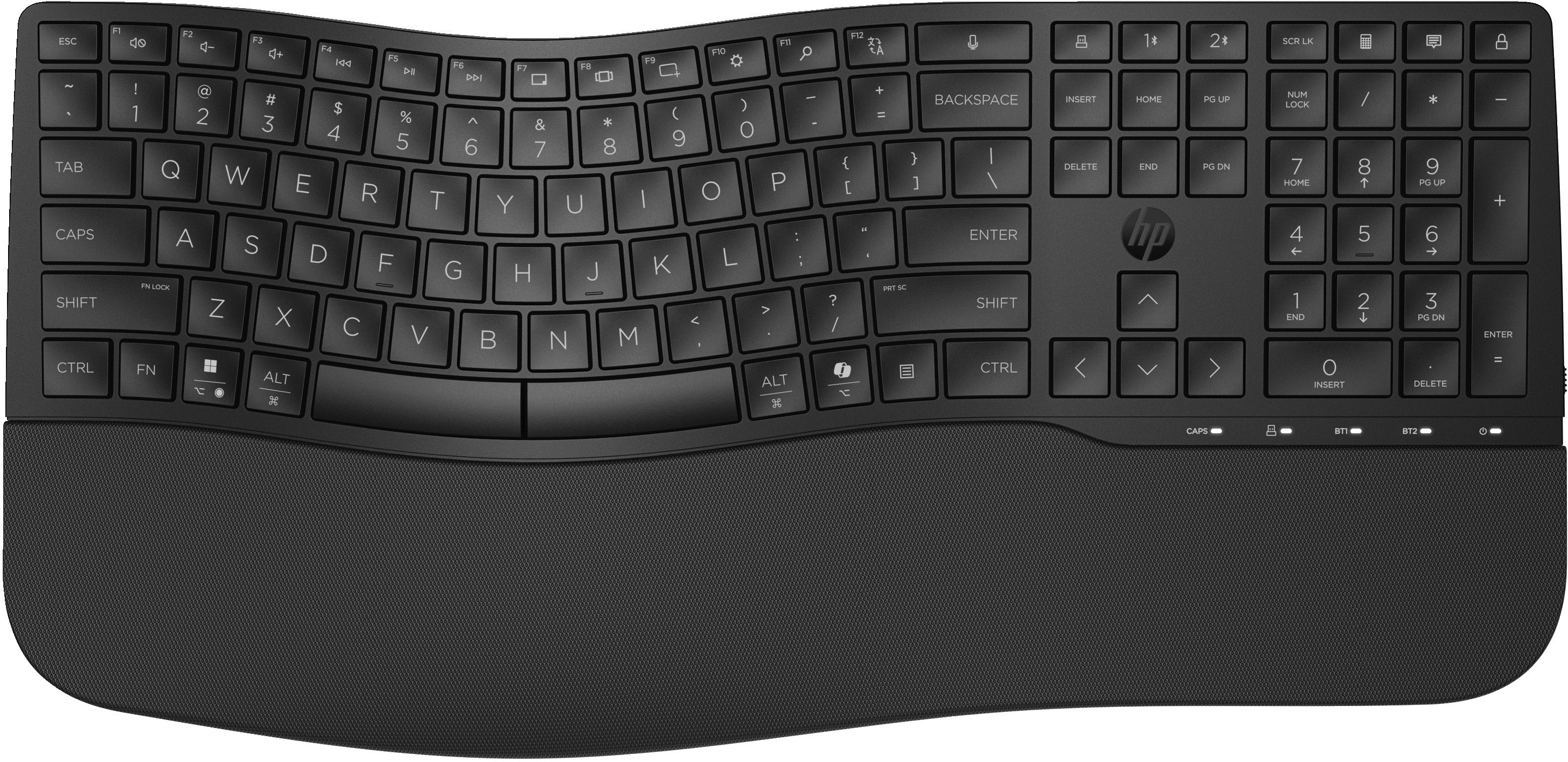 Tastiera ergonomica nera con design curvo e poggiapolsi. Ha molti tasti e un logo HP.