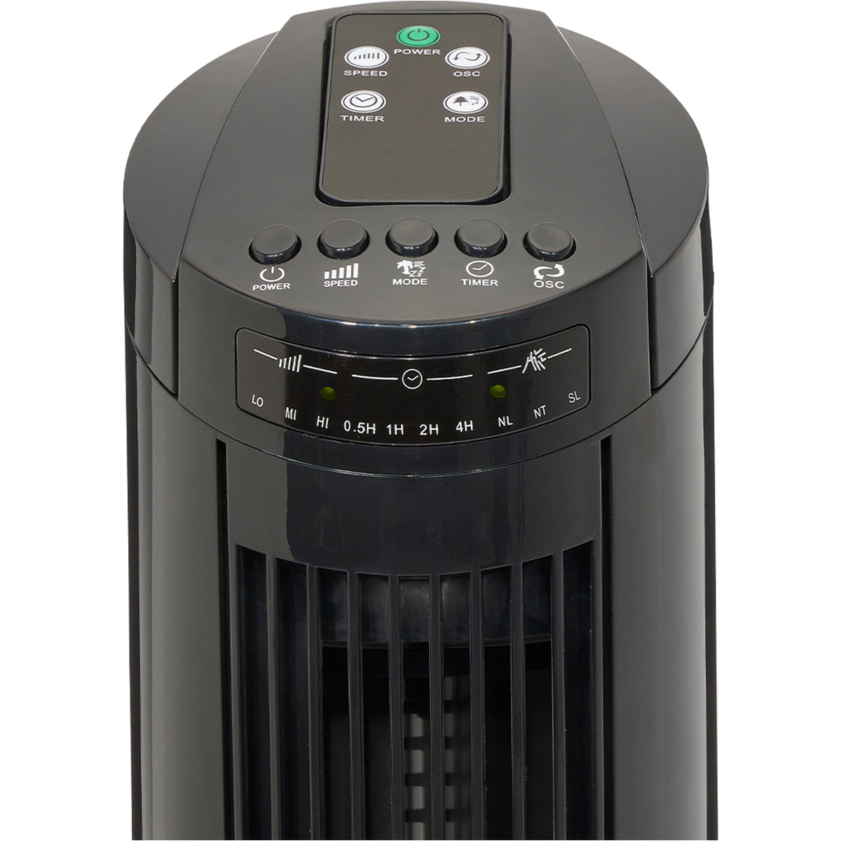 Schwarzer Turmventilator, Nahaufnahme des Bedienfelds. Tasten für Leistung, Geschwindigkeit, Modus, Timer und Oszillation sind sichtbar.