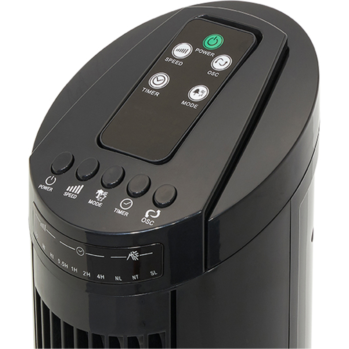 Nahaufnahme des Bedienfelds eines schwarzen Turmventilators mit Tasten für Leistung, Geschwindigkeit, Modus und Timer.