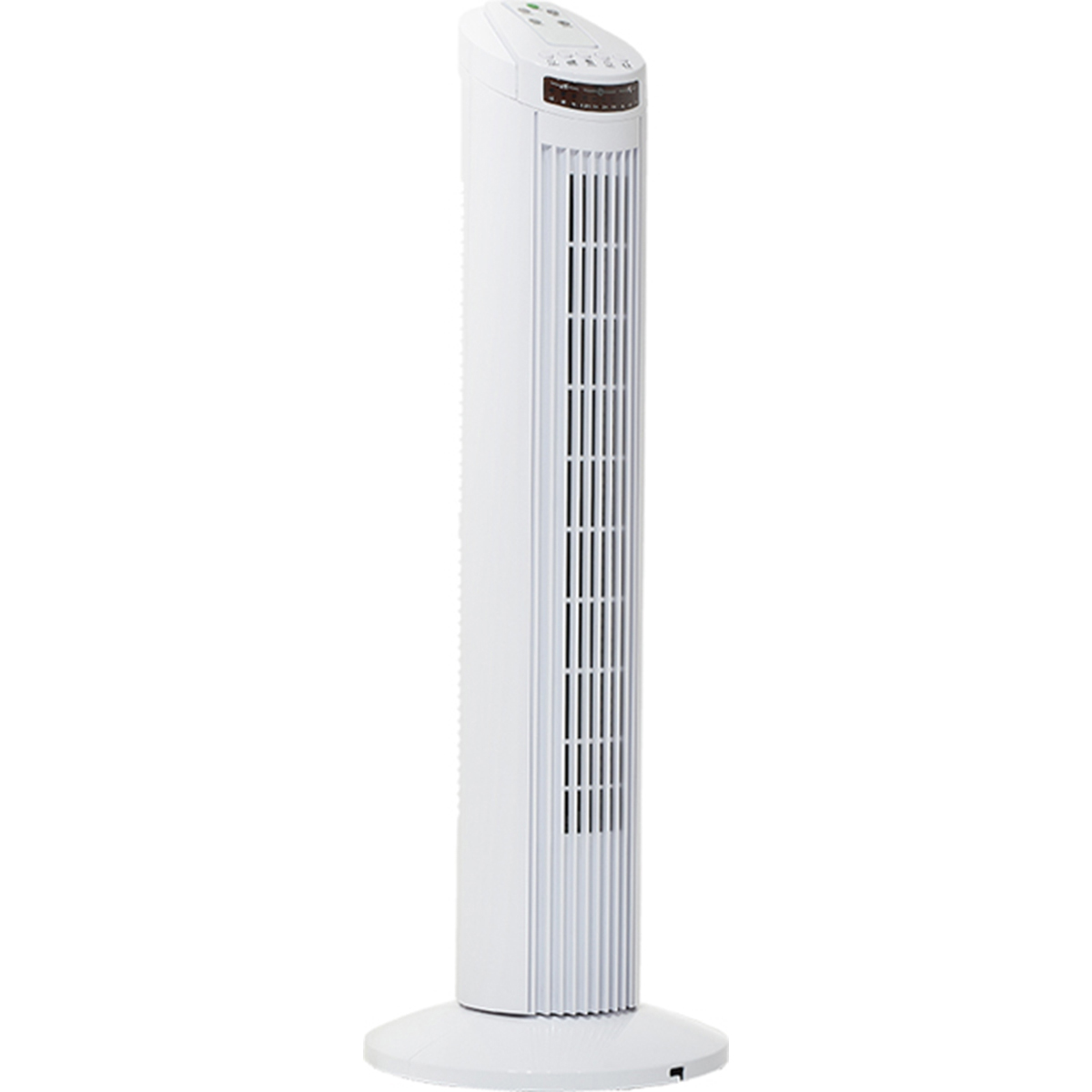 Weißer Turmventilator. Bedienelemente oben. Weißer Hintergrund.
