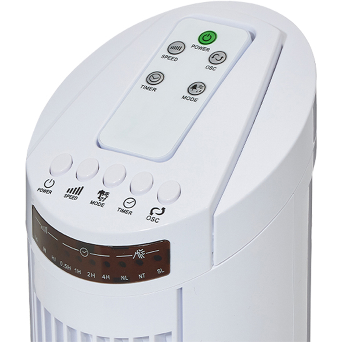 Weißes Bedienfeld eines Ventilators mit Tasten für Leistung, Geschwindigkeit, Modus, Timer und Oszillation.