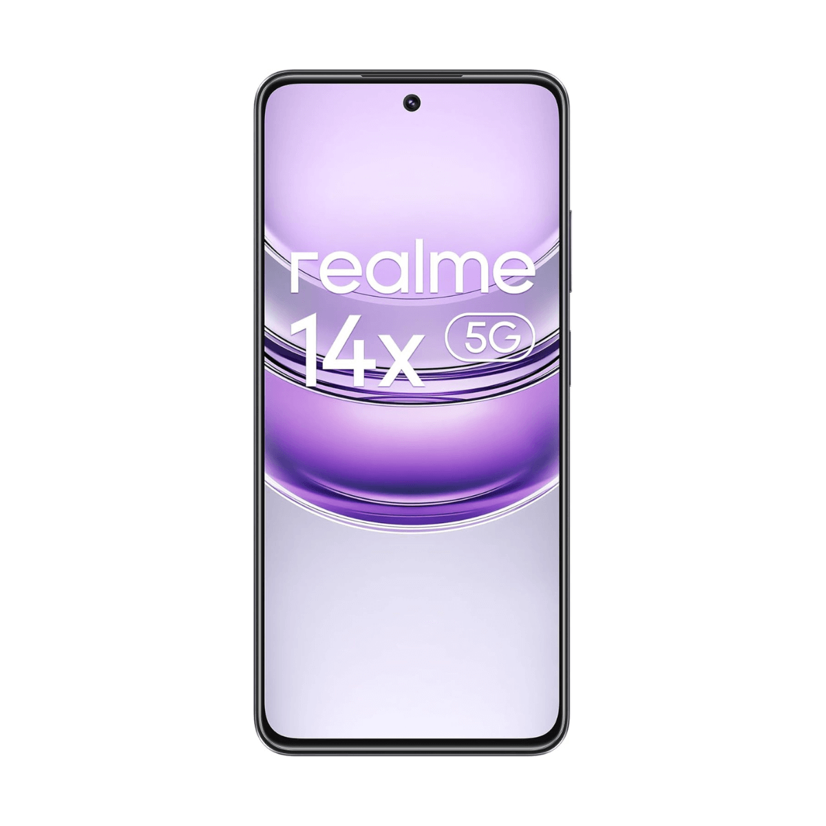 Telefon Realme z fioletowym gradientem ekranu, wyświetlający logo 'realme 14X'.