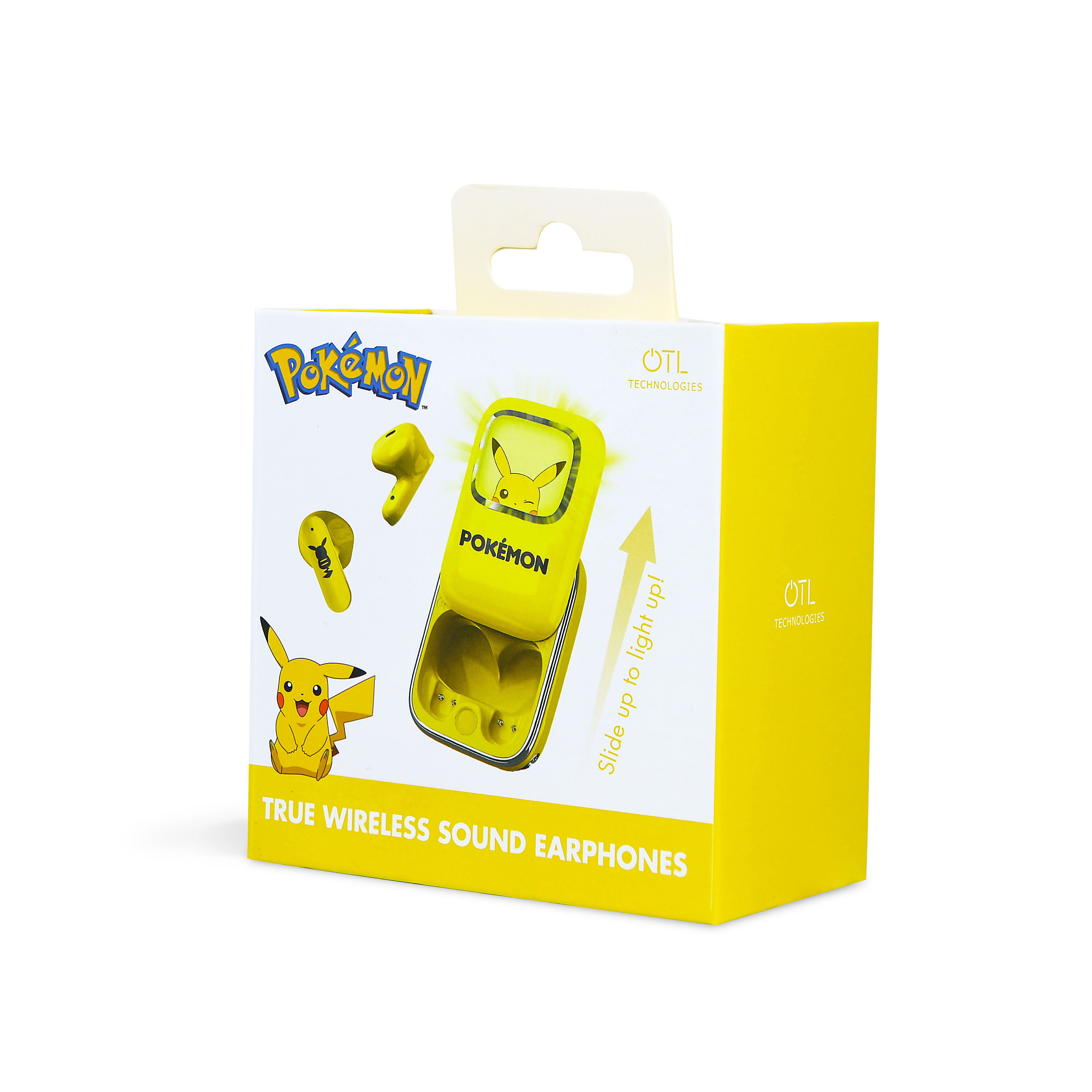 Żółte słuchawki Pokémon i etui ładujące w żółto-białym pudełku.