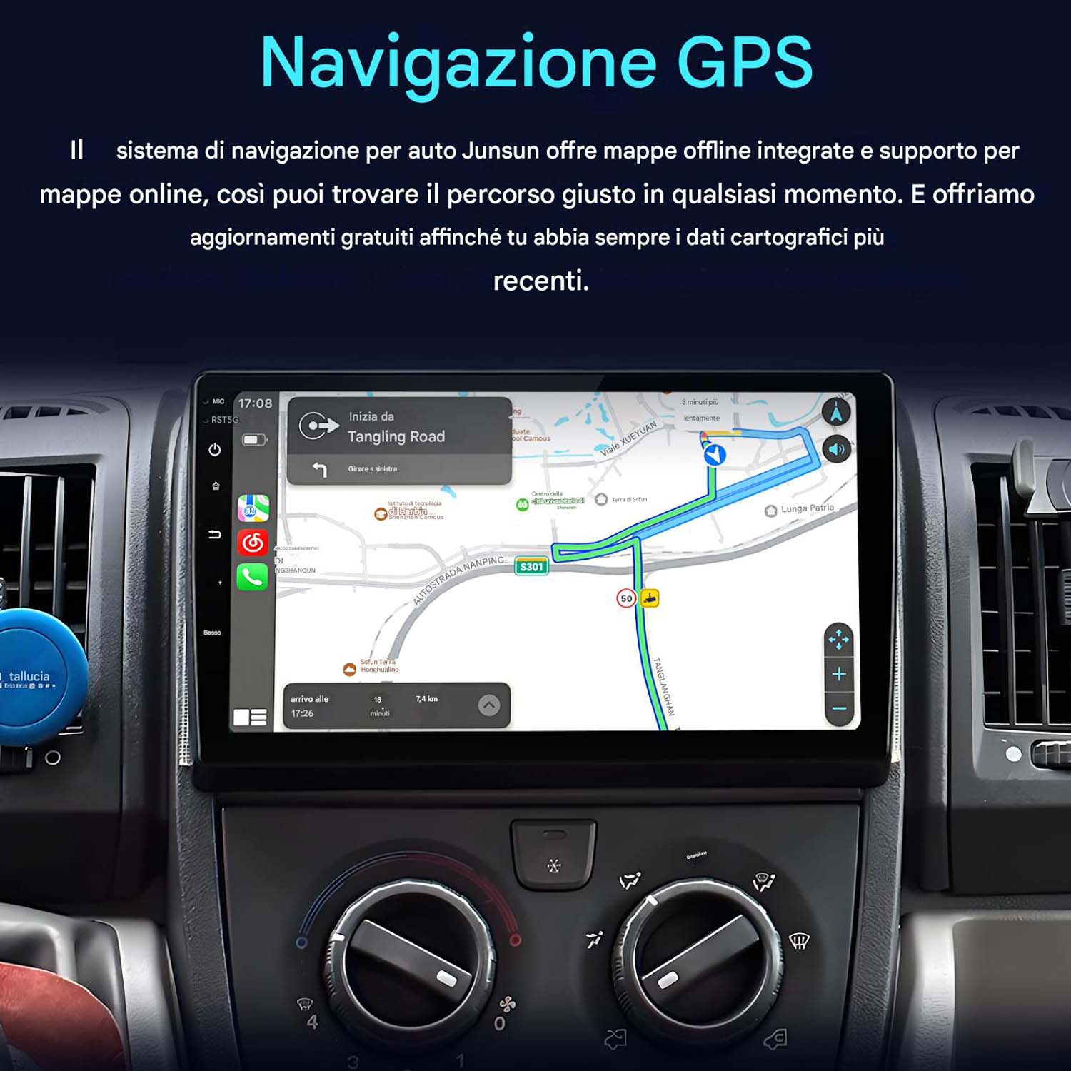 Una pantalla de navegación de coche que muestra un mapa, con botones y texto en italiano.