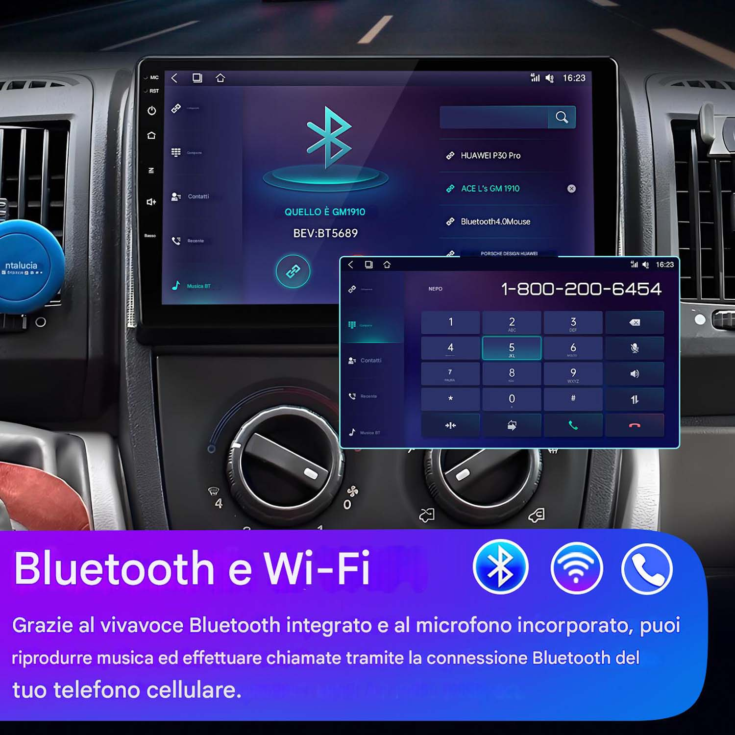 Panel de control del coche con pantalla que muestra navegación, bluetooth y llamadas.