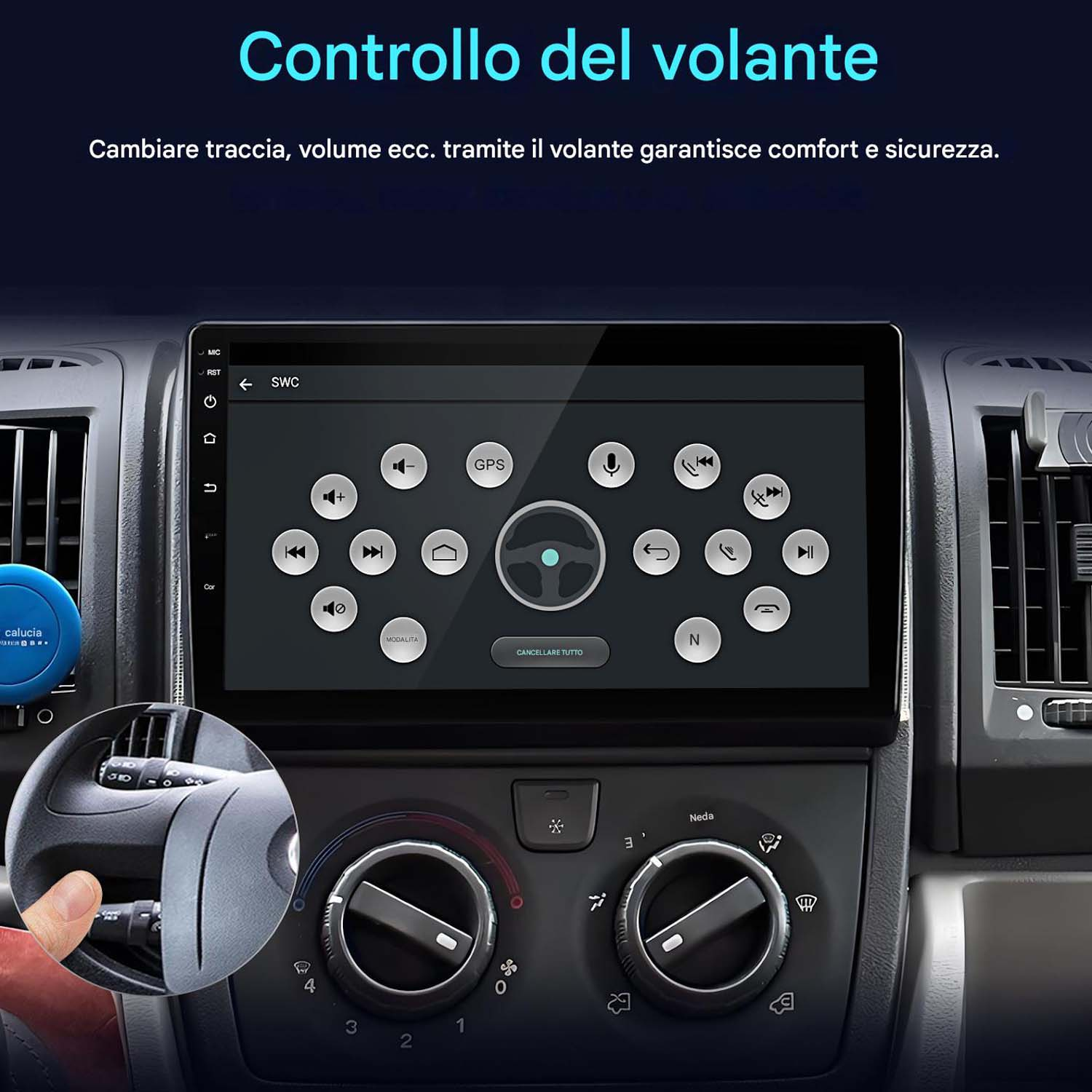 Pantalla del salpicadero del coche mostrando iconos y controles de navegación, con primer plano del volante.