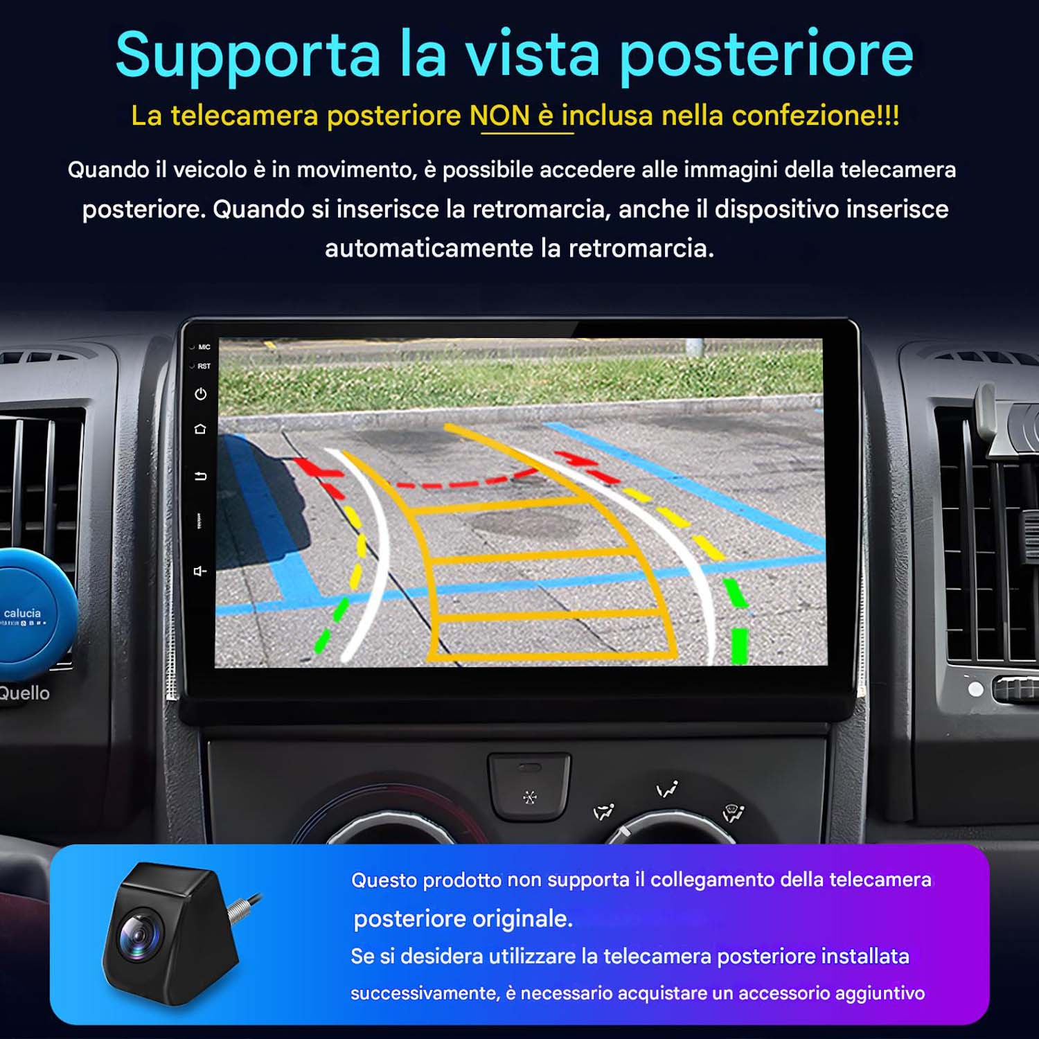 Pantalla del sistema multimedia del coche. Muestra una vista de asistencia de estacionamiento.