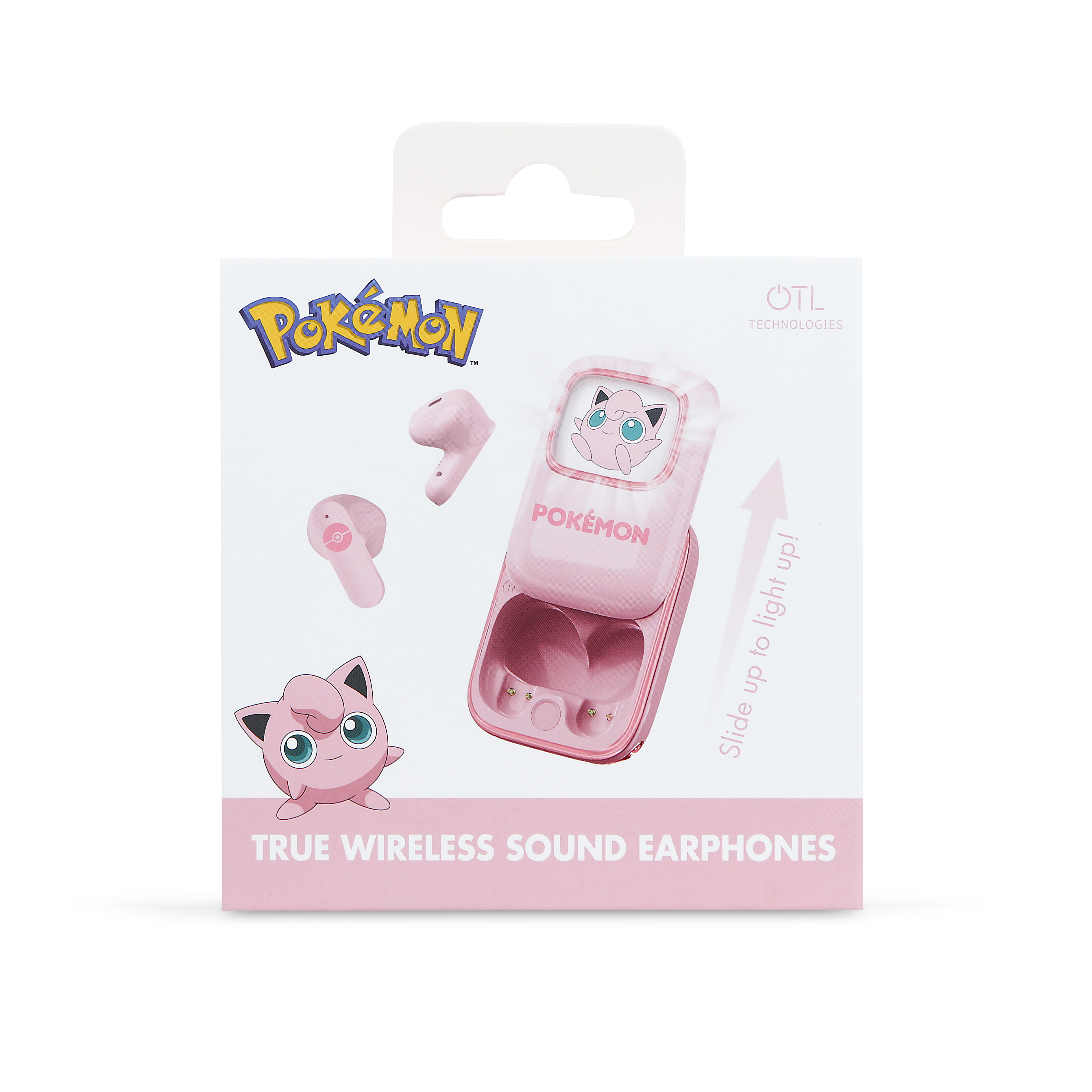 Roze Pokémon oordopjes en oplaadcase. De case heeft een Jigglypuff-afbeelding. De verpakking toont oordopjes en een personage.