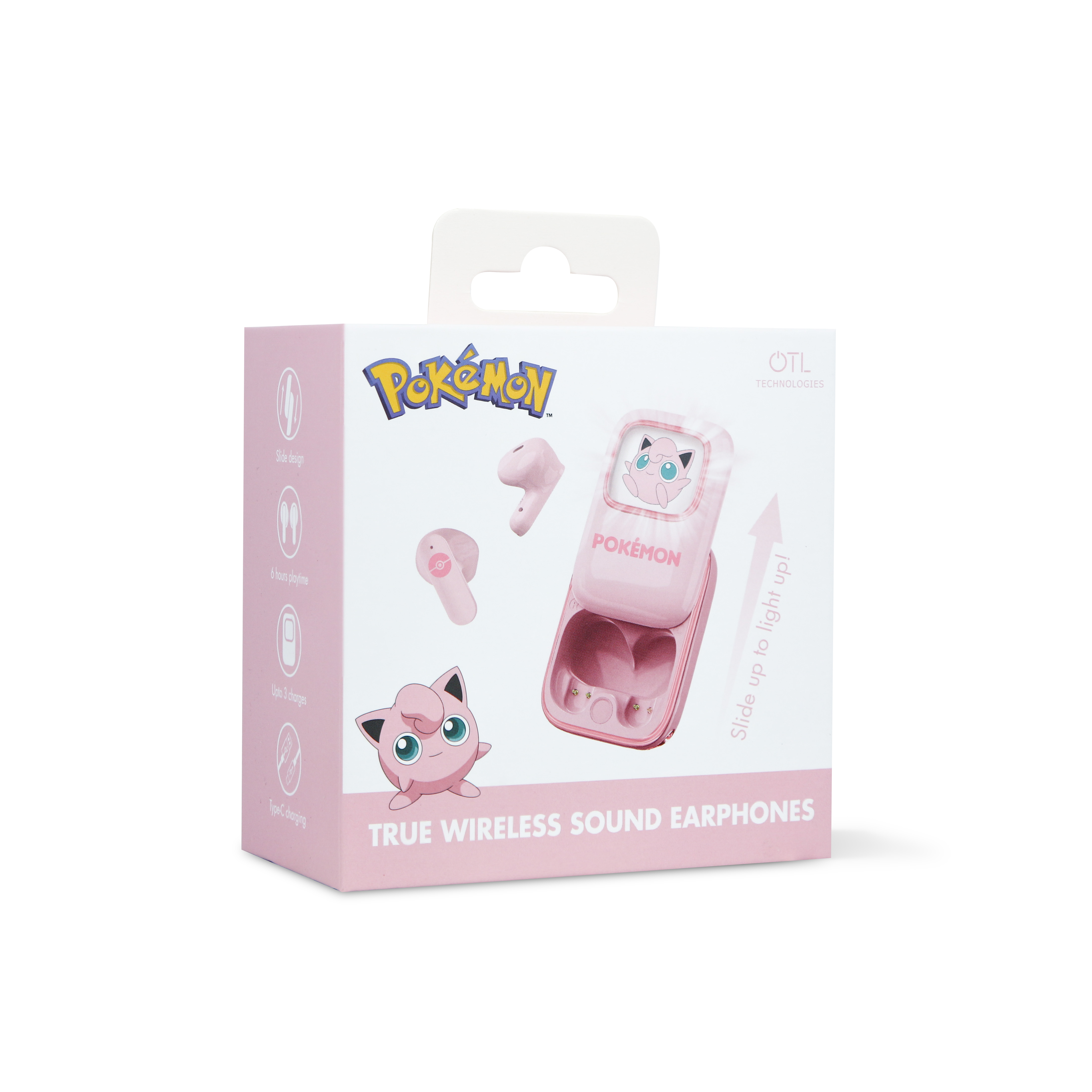 Roze Pokemon oortjes doos. Doos heeft afbeeldingen van Pikachu en oortjes. Witte achtergrond.