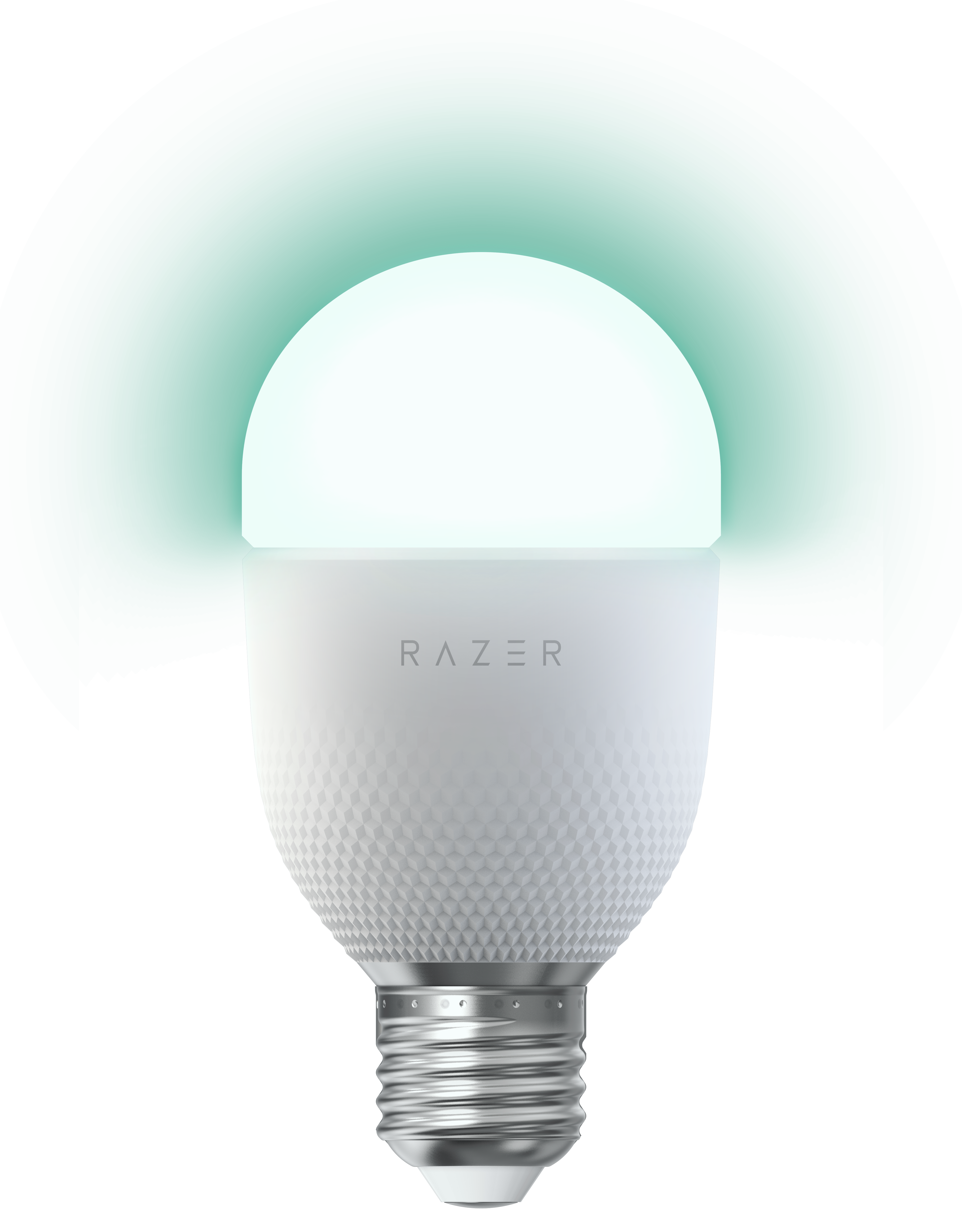Biała żarówka Razer z logo Razer. Zielona aureola na górze. Czarne tło.