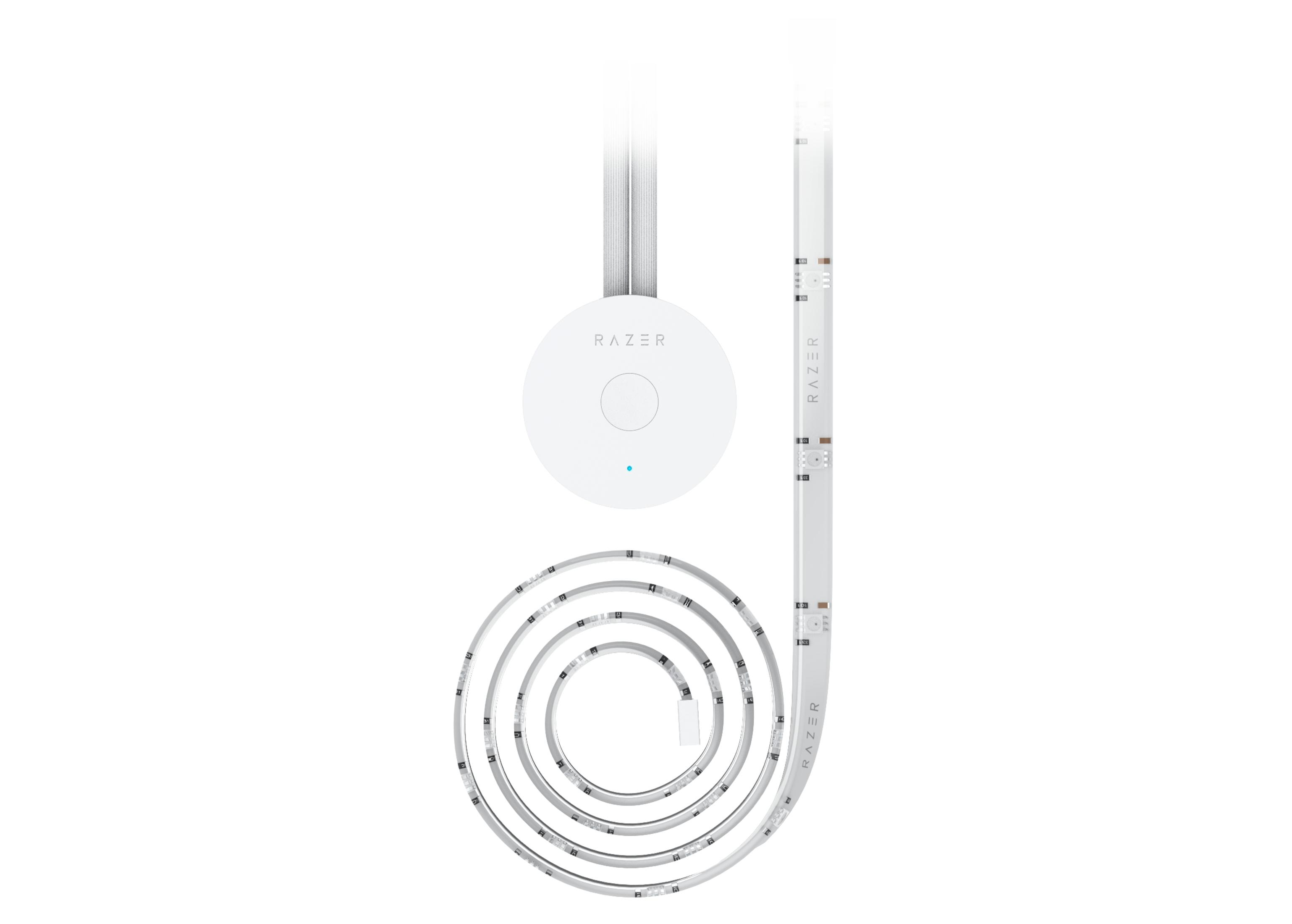 Biały pasek świetlny Razer z okrągłym kontrolerem. Wyświetlany na białym tle.