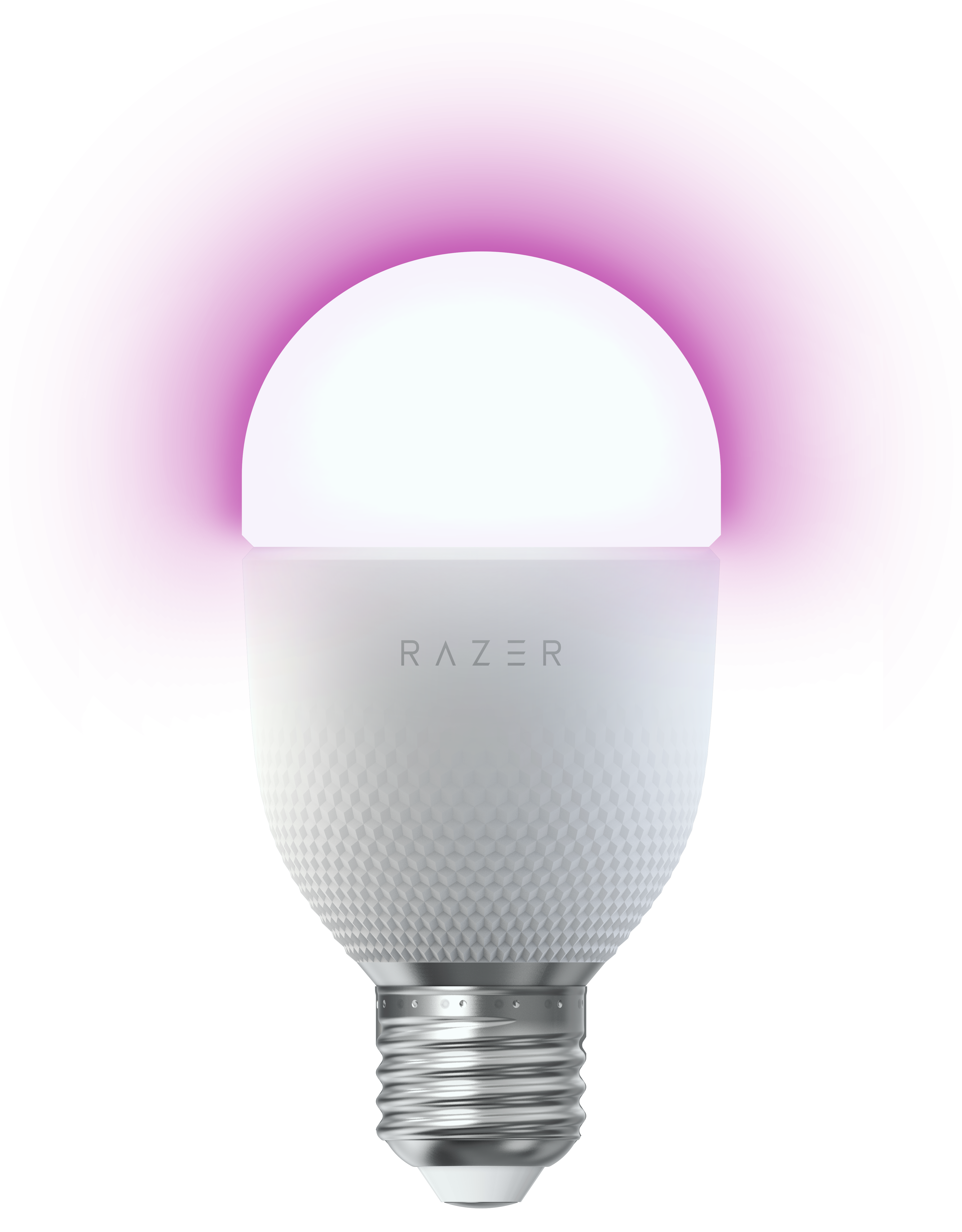 Biała żarówka z teksturowaną dolną częścią i napisem 'RAZER'. Jest otoczona różowym okręgiem.
