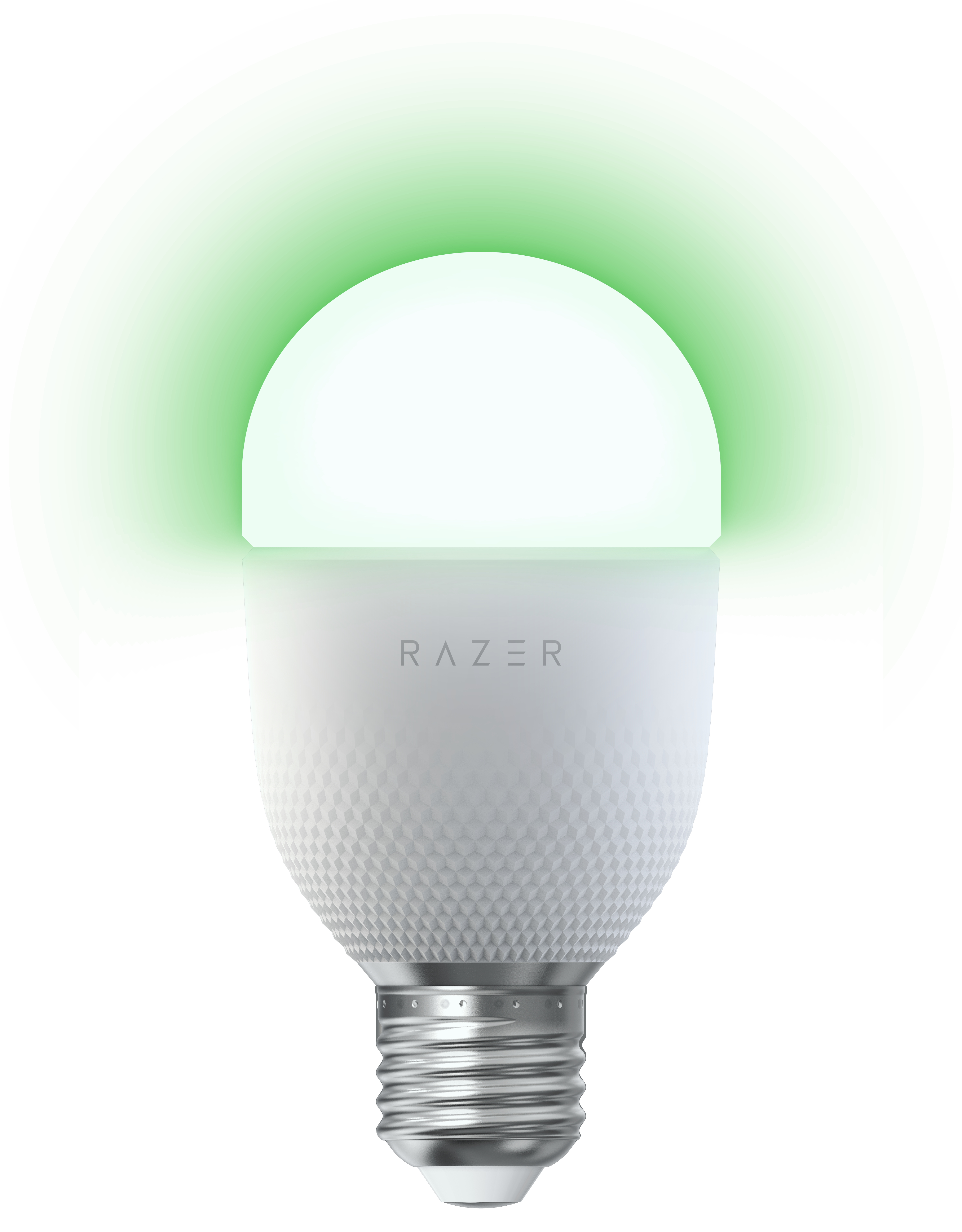 Żarówka Razer z białą podstawą i zieloną poświatą na czarnym tle.