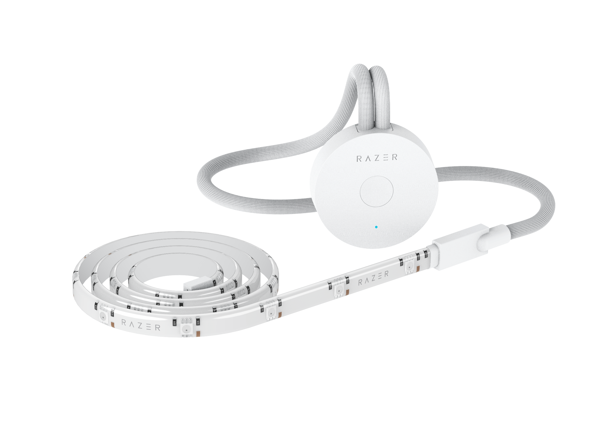 Biały pasek świetlny Razer z okrągłym kontrolerem. Wyświetlany na czarnym tle.