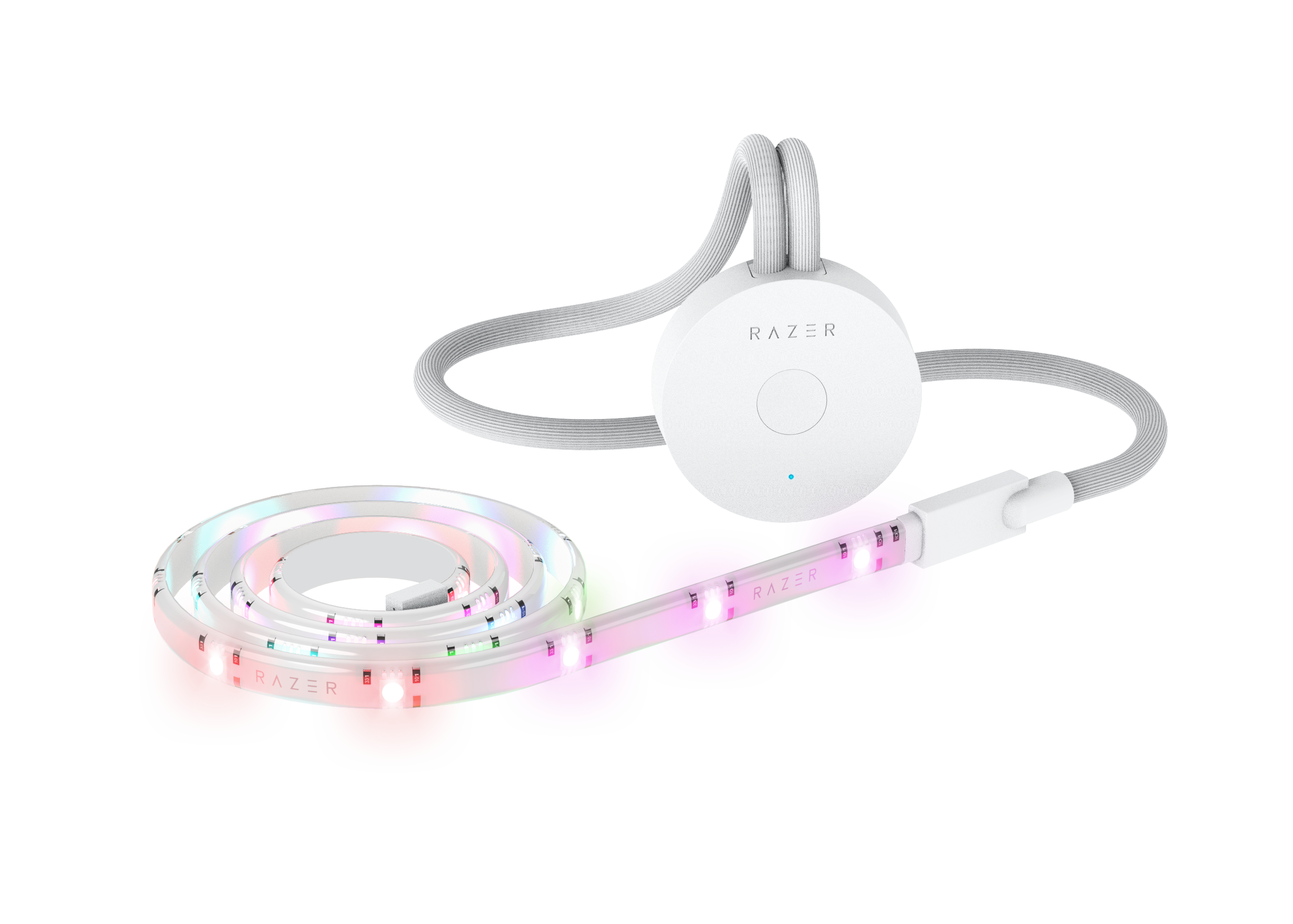 Pasek świetlny Razer z okrągłym kontrolerem, z włączonymi czerwonymi, zielonymi i fioletowymi światłami.