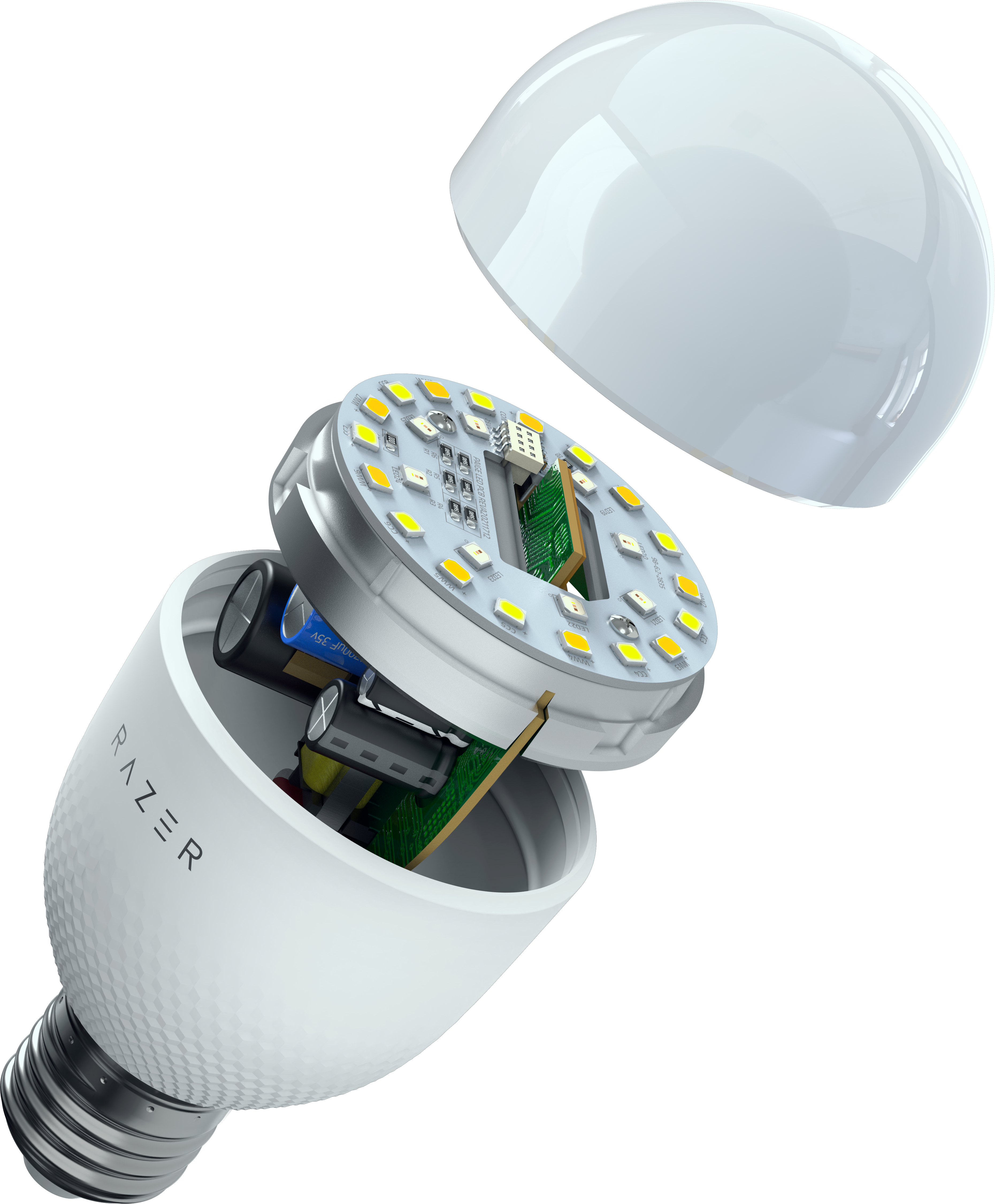 Widok rozłożony żarówki smart Razer, pokazujący elementy wewnętrzne.