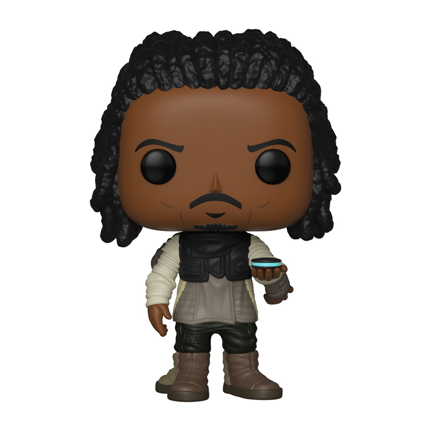Figurka Funko Pop. Czarna postać męska z dredami, ubrana w kamizelkę i trzymająca niebieską kulę.