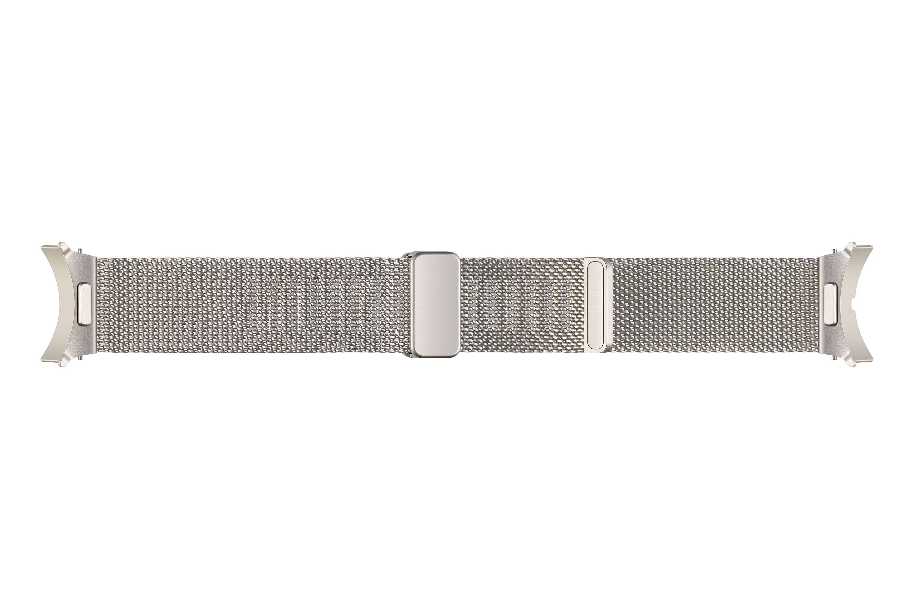 Un cinturino d'orologio argentato con chiusura magnetica, mostrato su sfondo bianco.