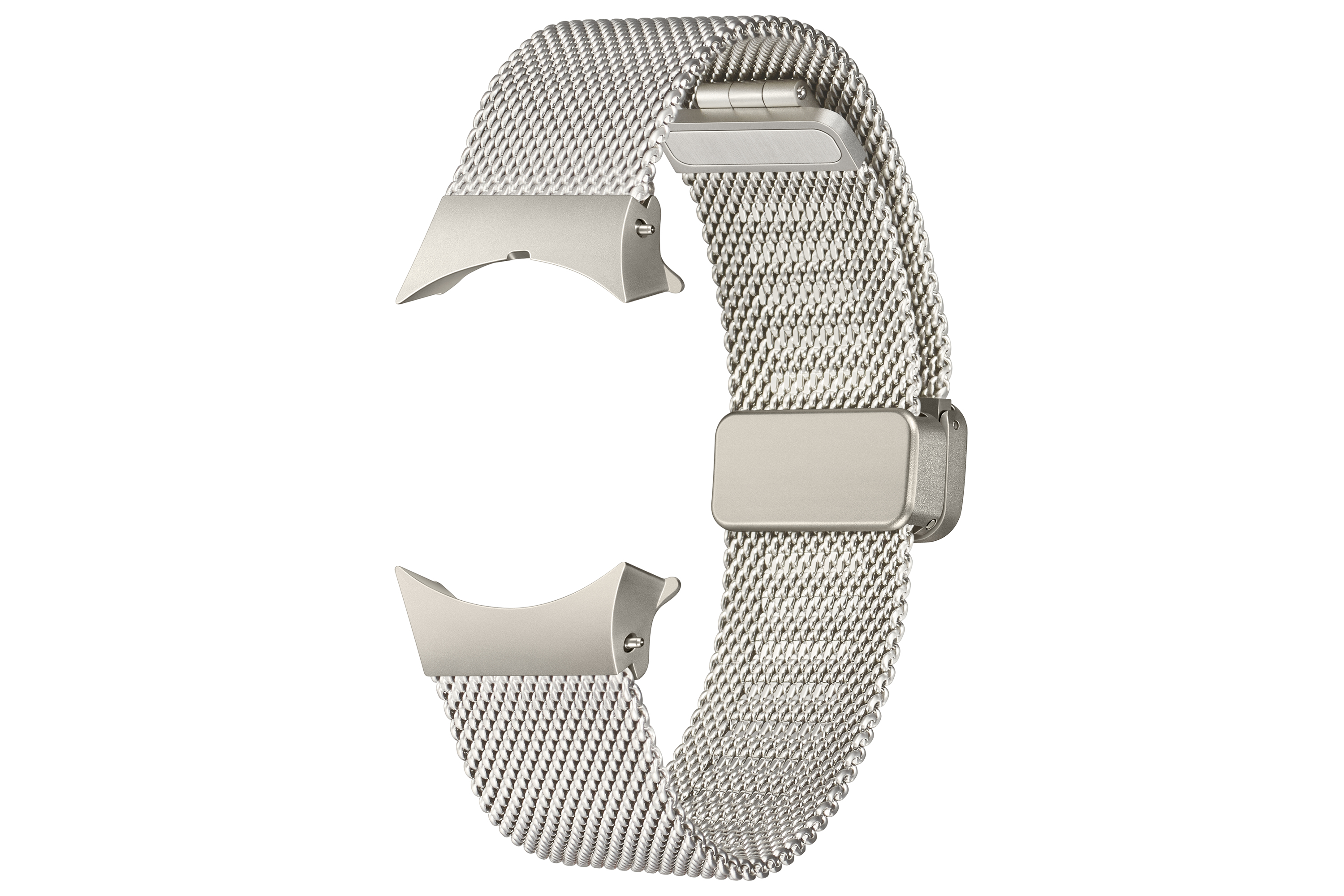 Un cinturino d'orologio argentato con chiusura magnetica, mostrato su sfondo bianco.