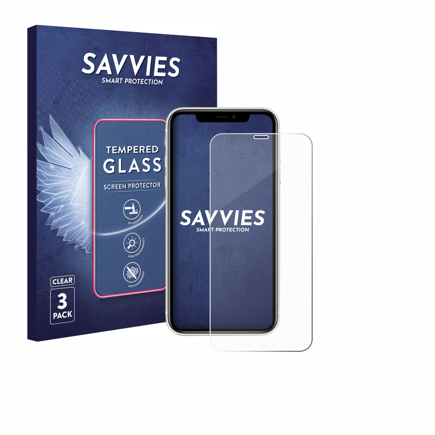Displayschutz-Kit mit Telefon und Schutzfolie sowie einer Box mit Produktabbildung.