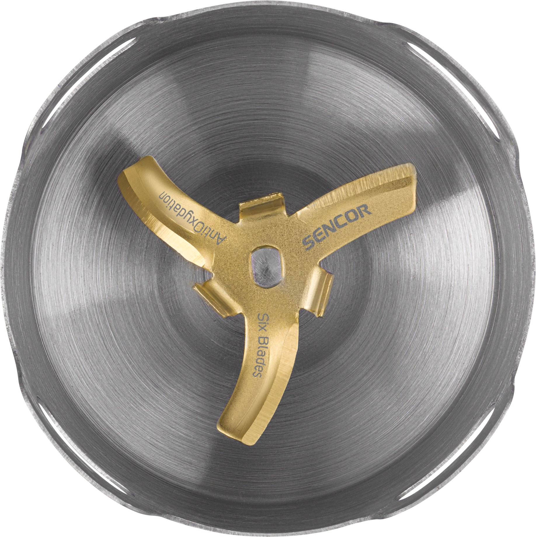 Ostrza blendera są widoczne z logo Sencor, umieszczone na metalowej podstawie.