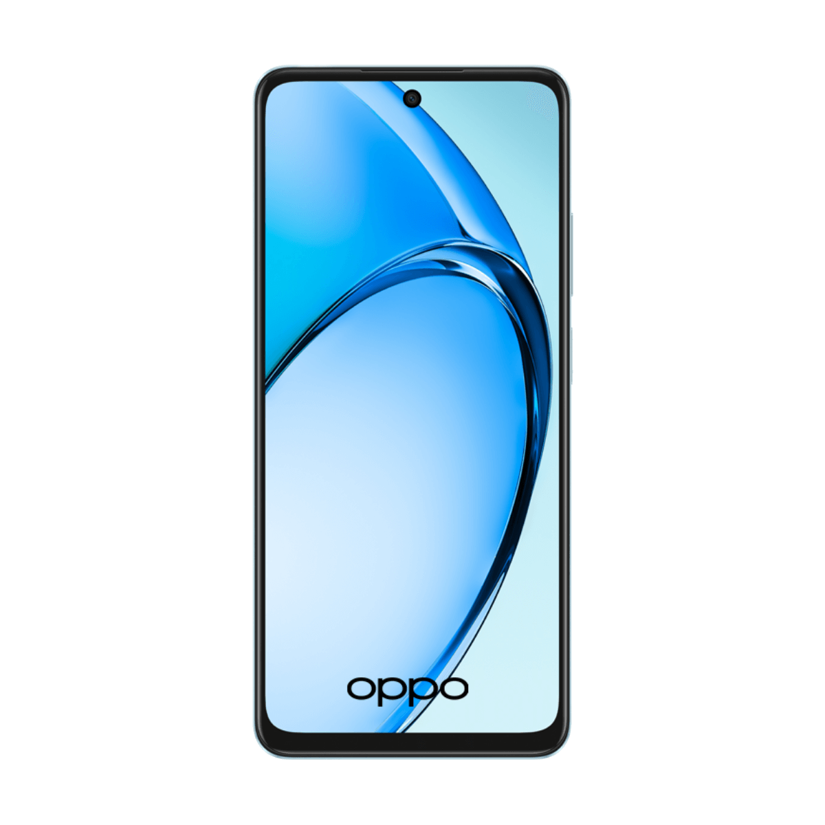 Uno smartphone su sfondo bianco. Lo schermo mostra un design astratto blu con il logo Oppo.
