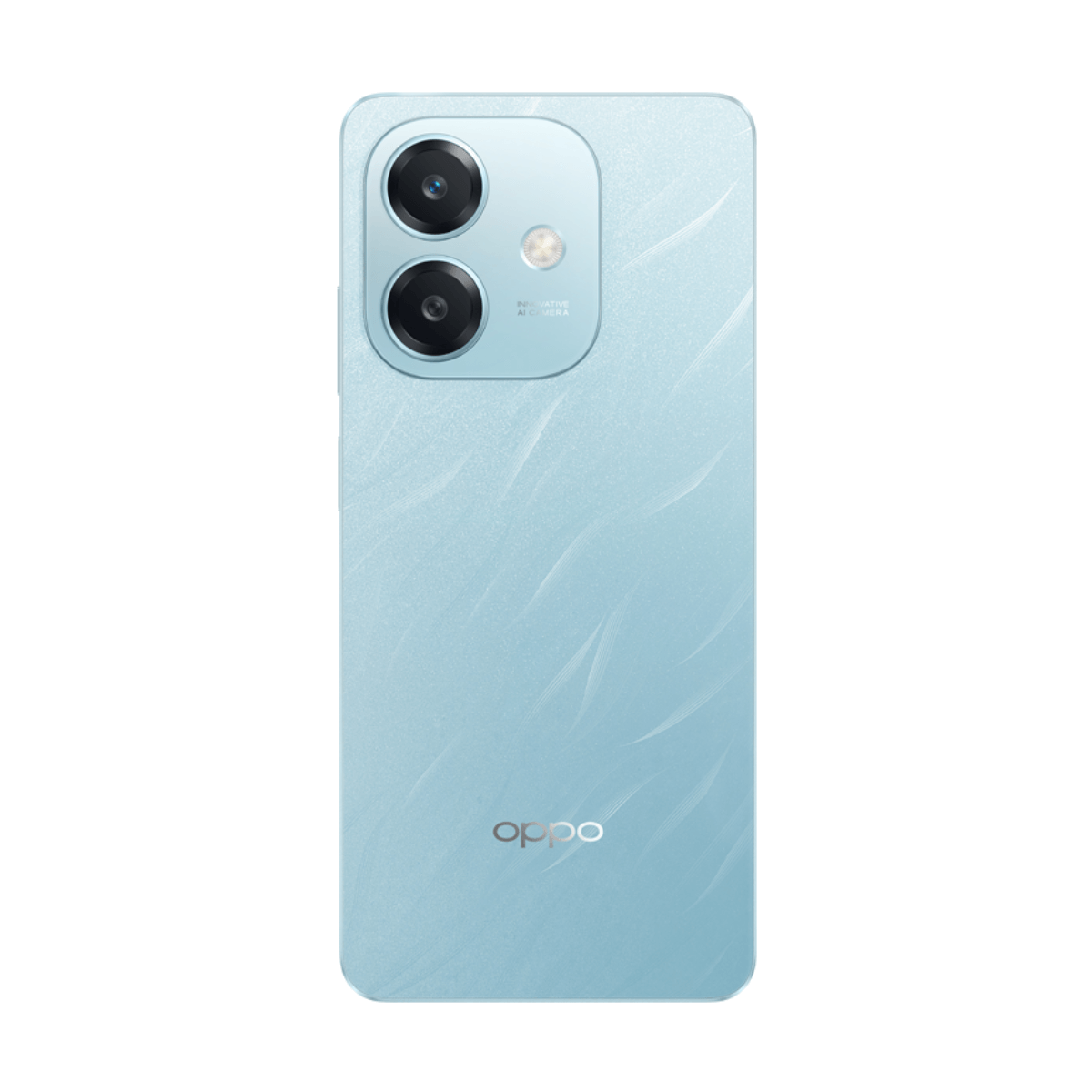 Smartphone azzurro, vista posteriore. Due fotocamere e il logo Oppo sono visibili.