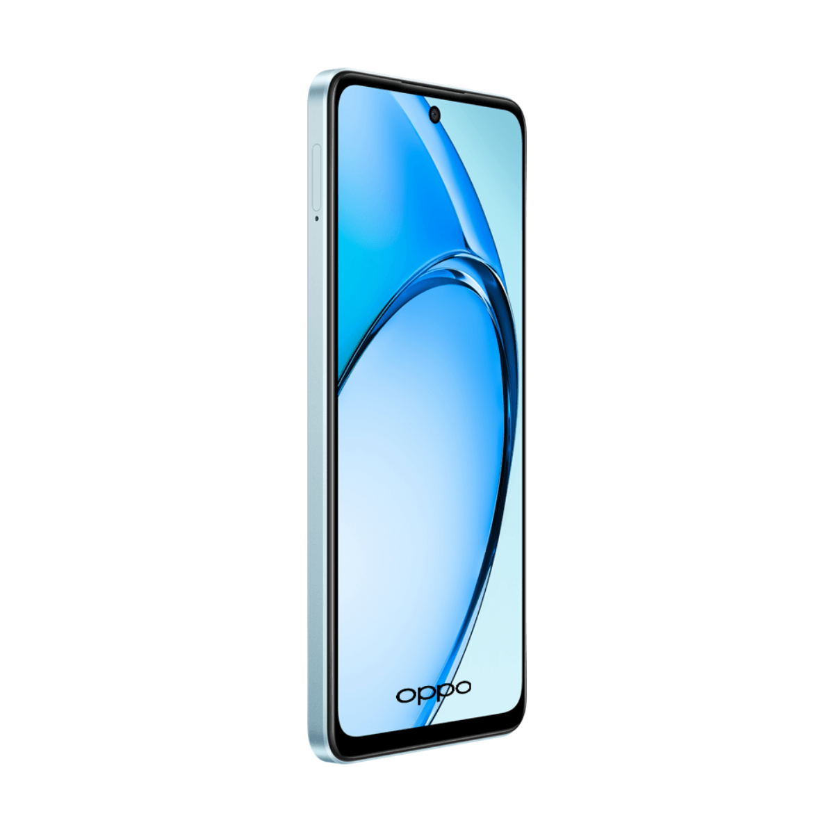 Smartphone verde con schermo blu. Sfondo bianco.