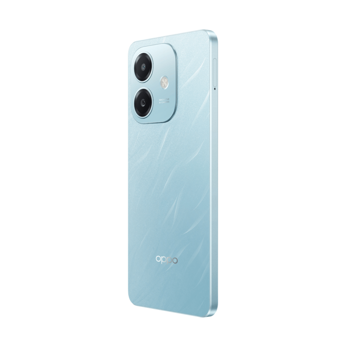 Smartphone azzurro con due fotocamere e logo Oppo sul retro.
