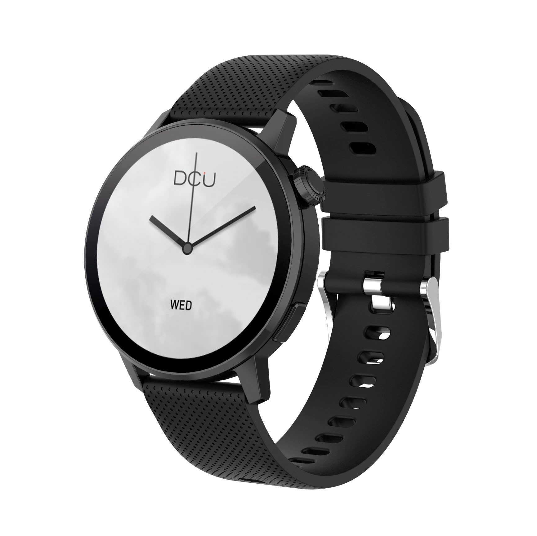 Czarny smartwatch z białą tarczą, pokazujący godzinę i dzień 'ŚR'.